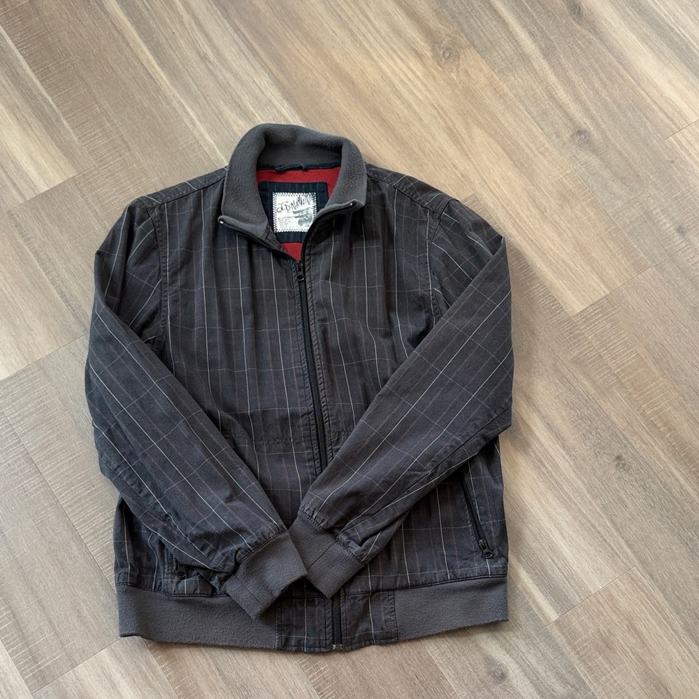 Old Navy Charcoal Pinstripe Bomber Jacket with Red Lining